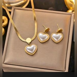 Set Necklace,Earrings Gold plated.Hupoallergenic.Heart pendant Flat Snake chain